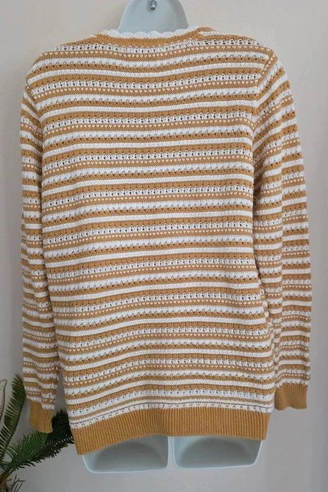 Immagine di 🌼 Isle Edinburgh Woollen Mill Mustard & White Striped 100% Cotton Pointelle Jumper Size M 4