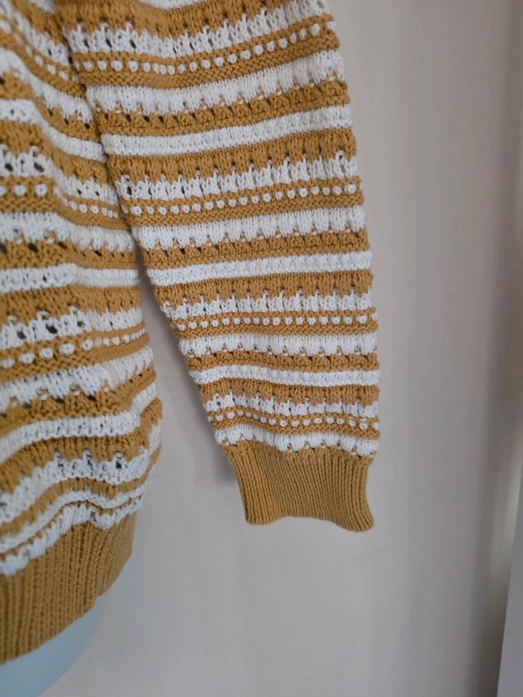 Immagine di 🌼 Isle Edinburgh Woollen Mill Mustard & White Striped 100% Cotton Pointelle Jumper Size M 5