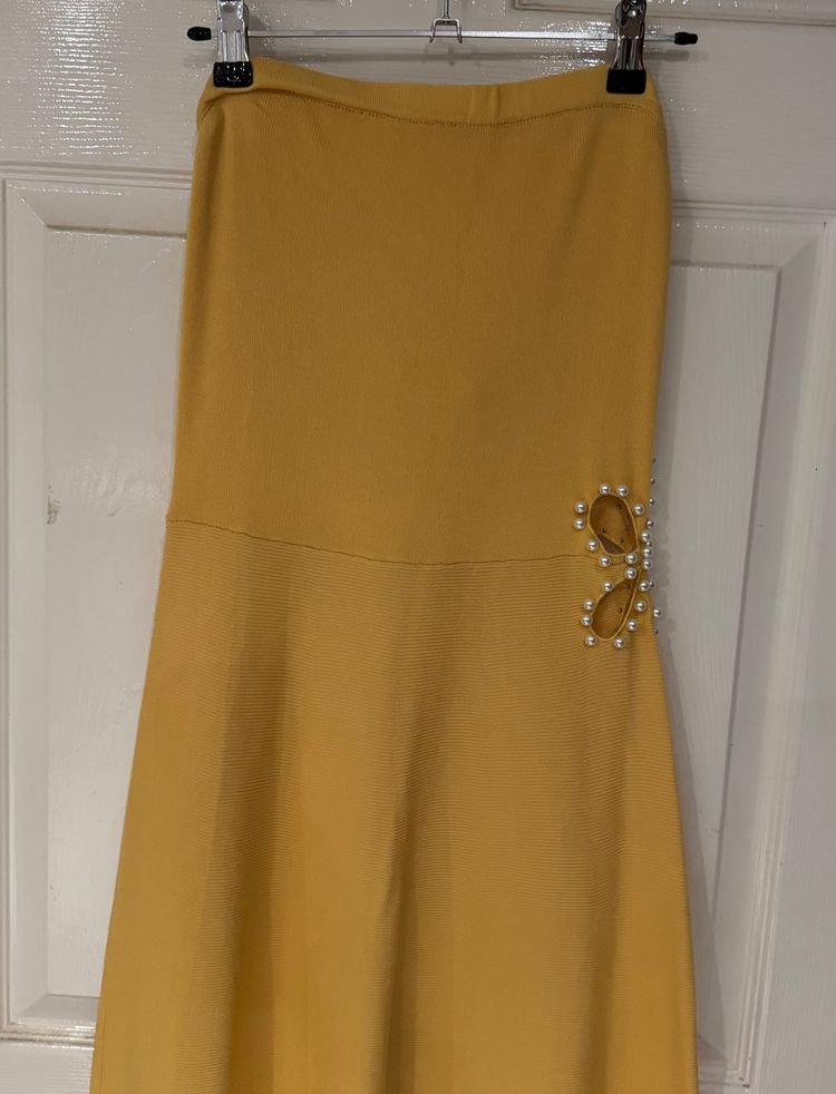 Michelle Keegan Mustard dress With Pearl Embellishment