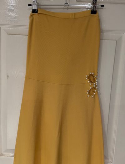 Michelle Keegan Mustard dress With Pearl Embellishment