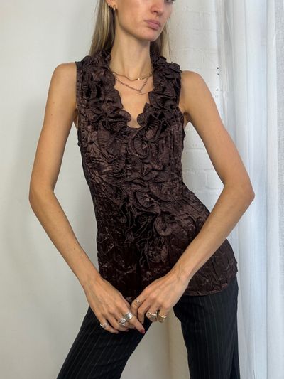 Brown Sleeveless Ruffled Blouse