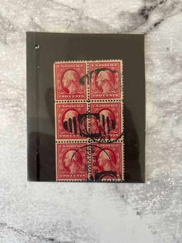 A block of 6 2-cent U.S. postage stamps depicting George Washington.