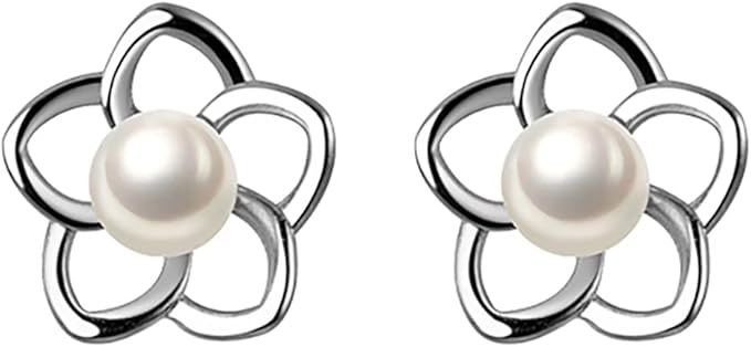 Silver Flower Pearl Stud Earrings