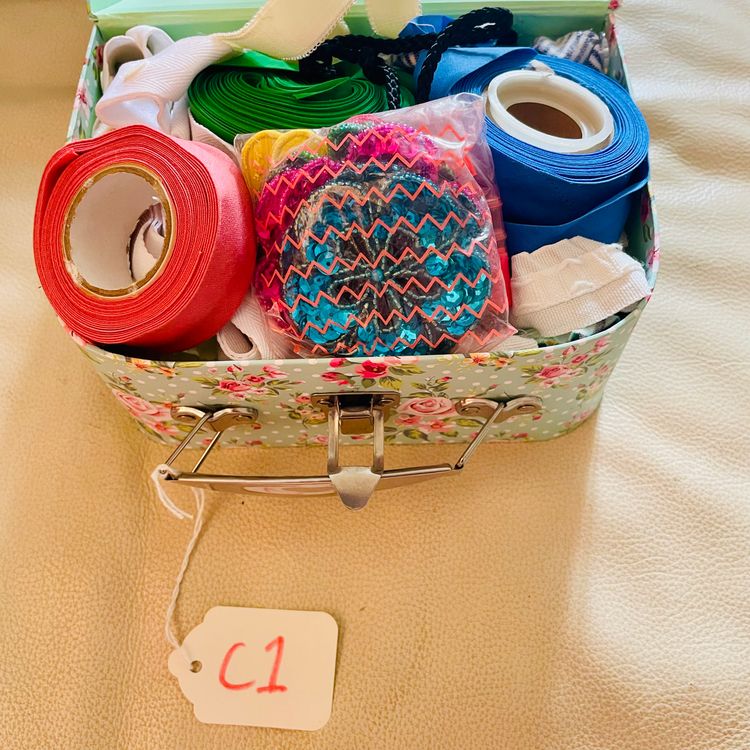 Assorted Appliques, Fabric Tapes & Trimmings Sewing Craft Destash in Mini Cardboard Suitcase Box