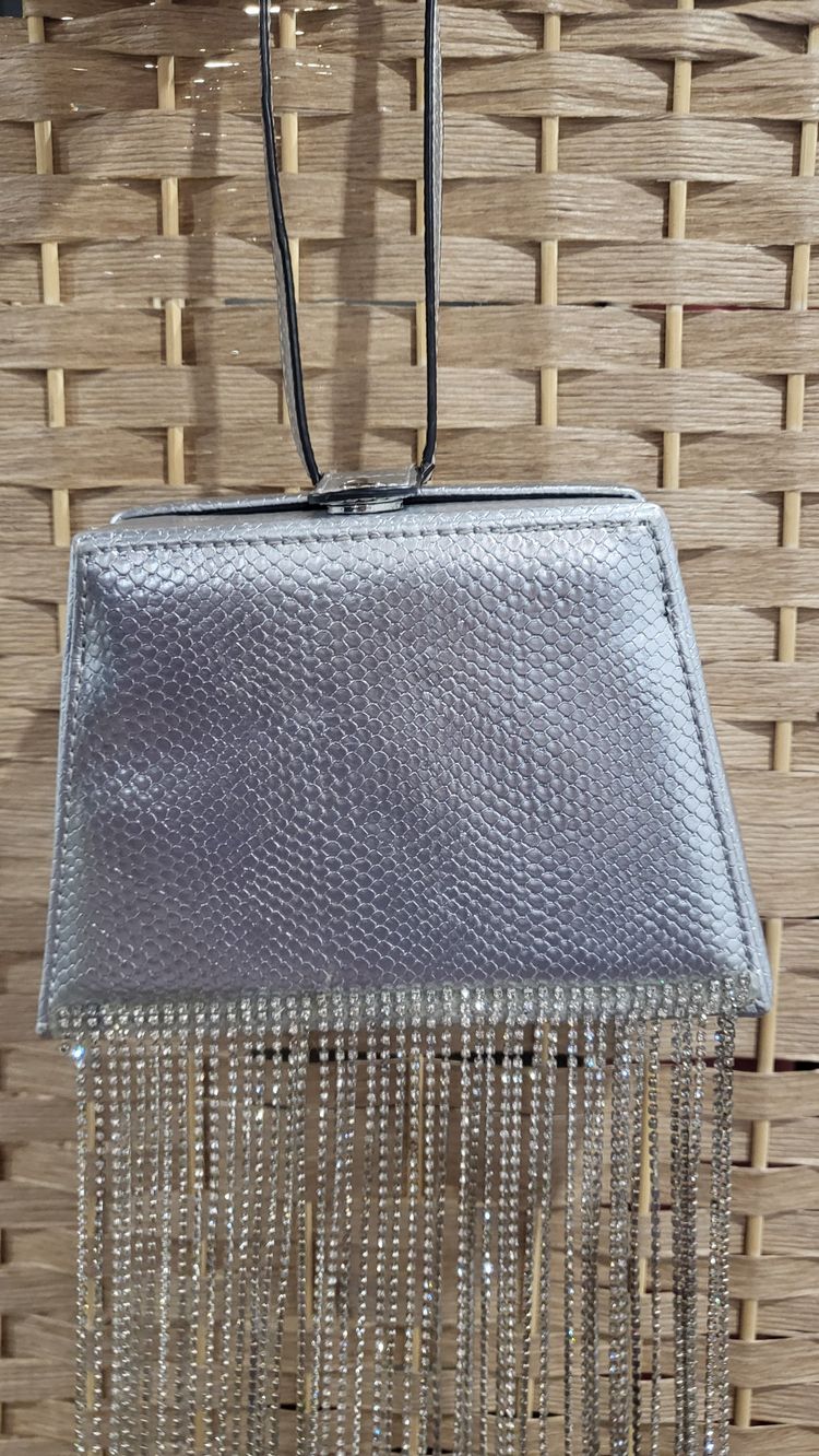 Silver Textured Handbag With Rhinestone Fringe image 5