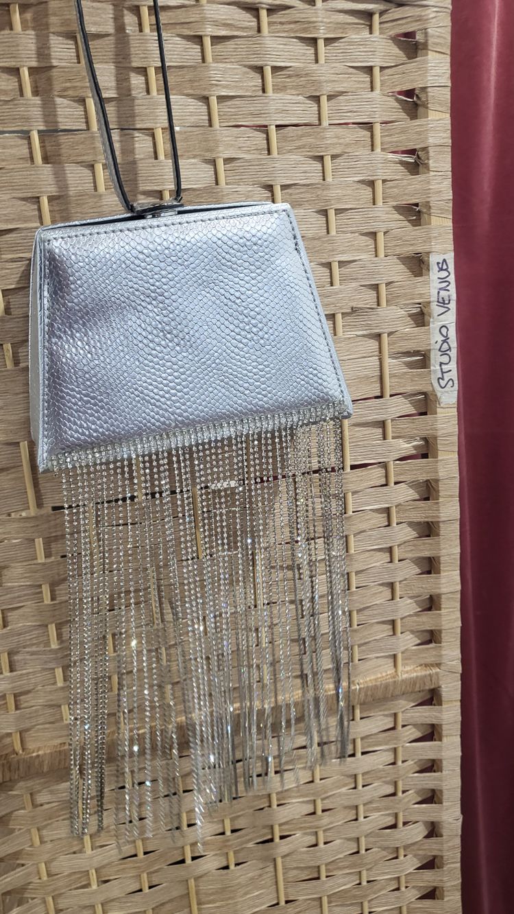 Silver Textured Handbag With Rhinestone Fringe