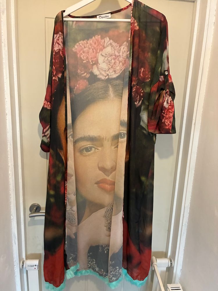Long Sheer Kimono With Floral And Portrait Print