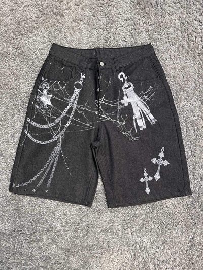 Black Denim Shorts With White Chain And Cross Prints