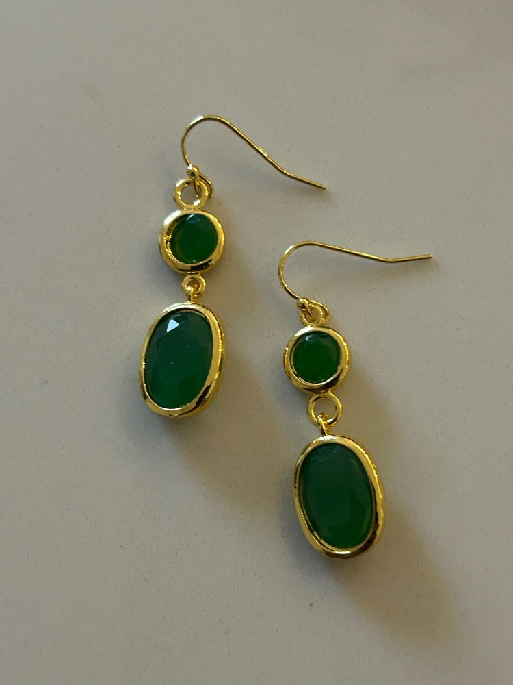 Gold-Tone Drop Earrings With Green Stones 3