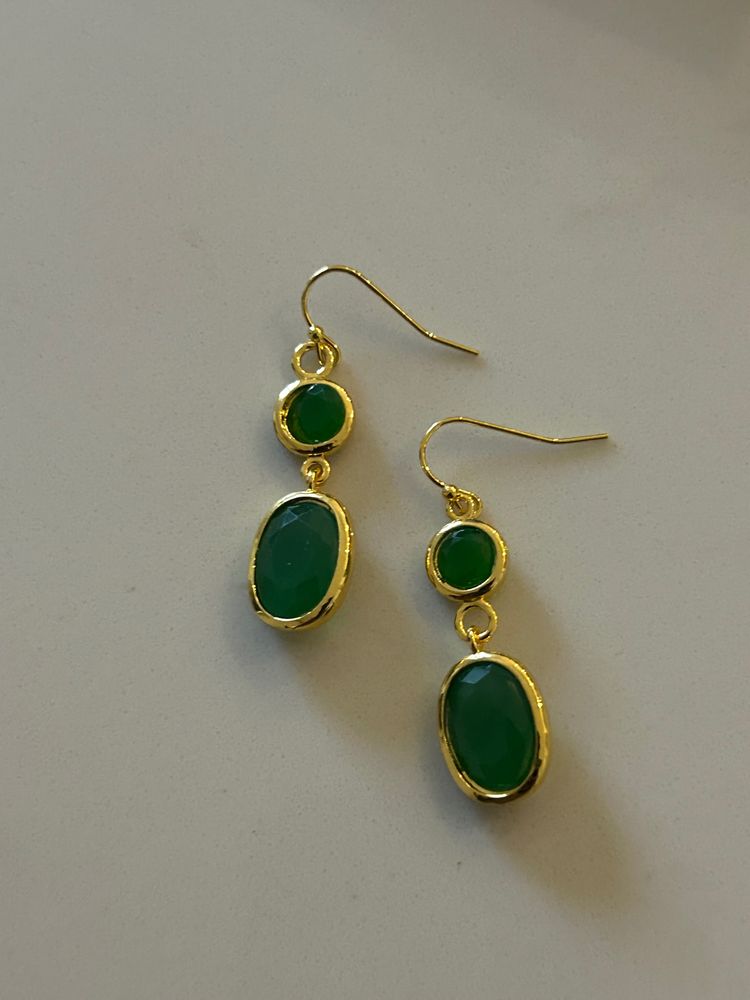 Gold-Tone Drop Earrings With Green Stones 2