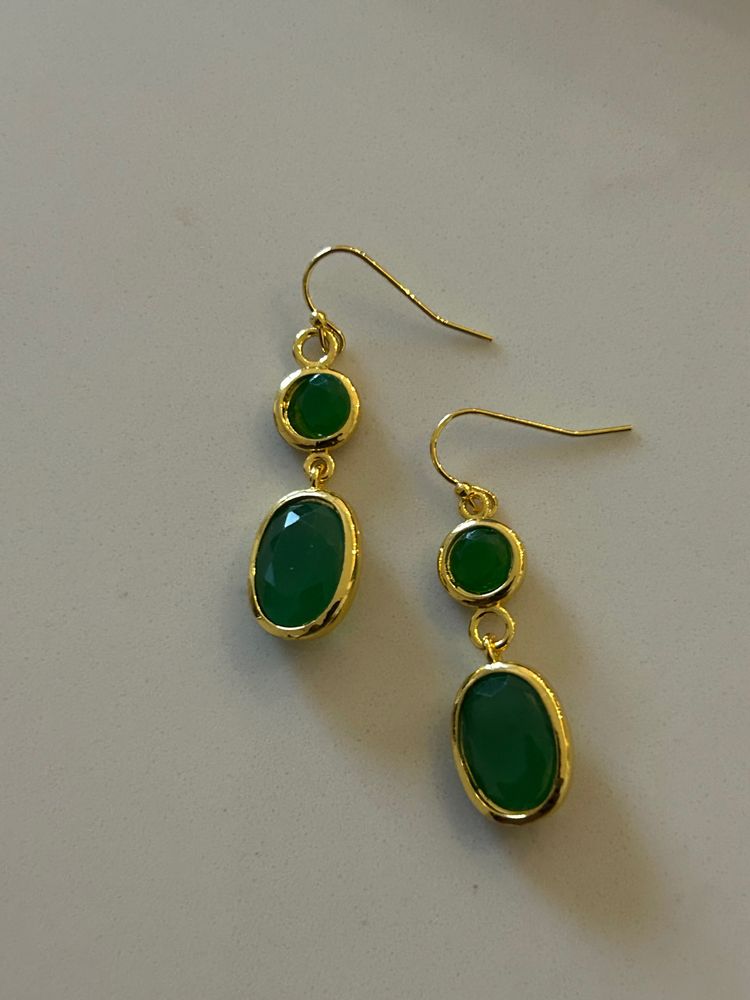 Gold-Tone Drop Earrings With Green Stones