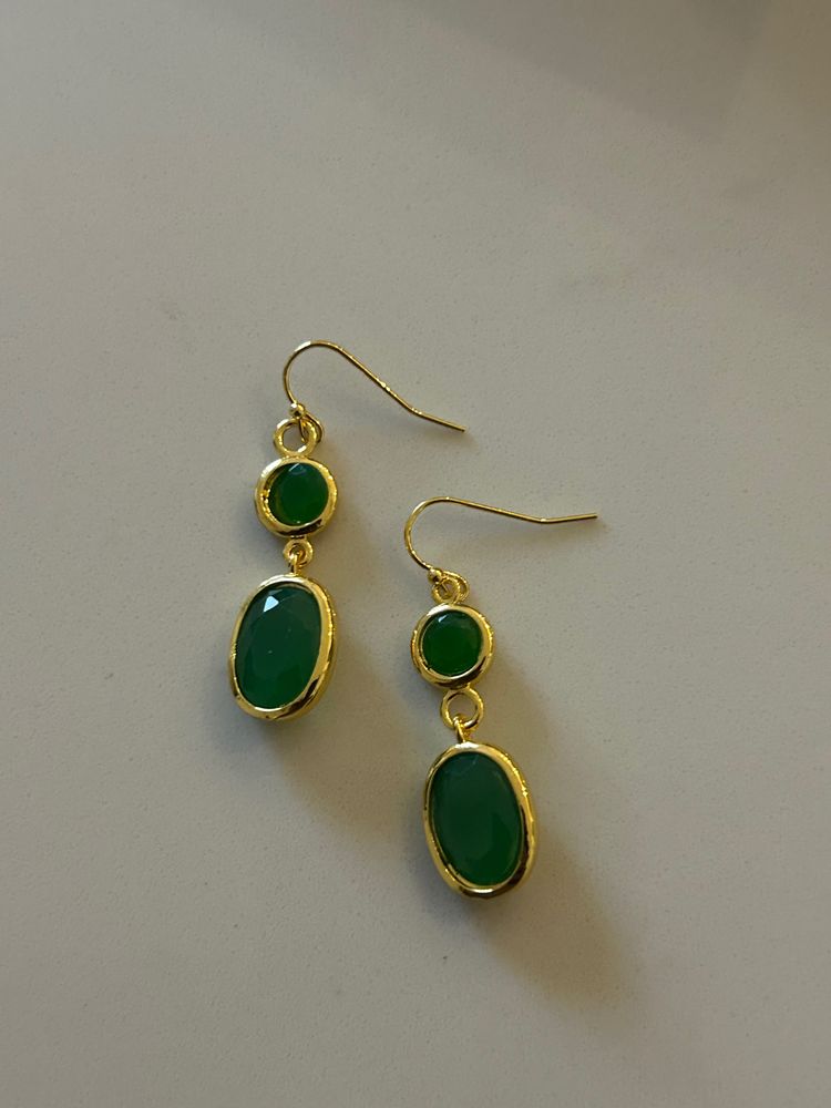 Gold-Tone Drop Earrings With Green Stones 6