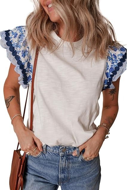 White T-Shirt With Blue Floral Ruffle Sleeves image 1