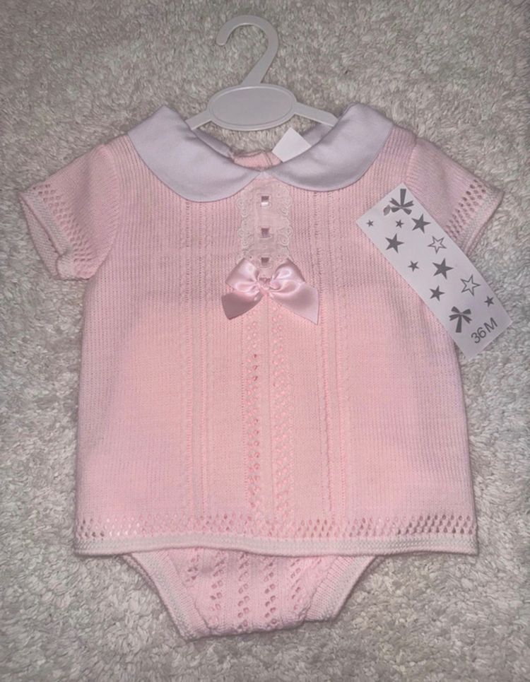 Pink Knitted Baby Romper With White Collar image 1