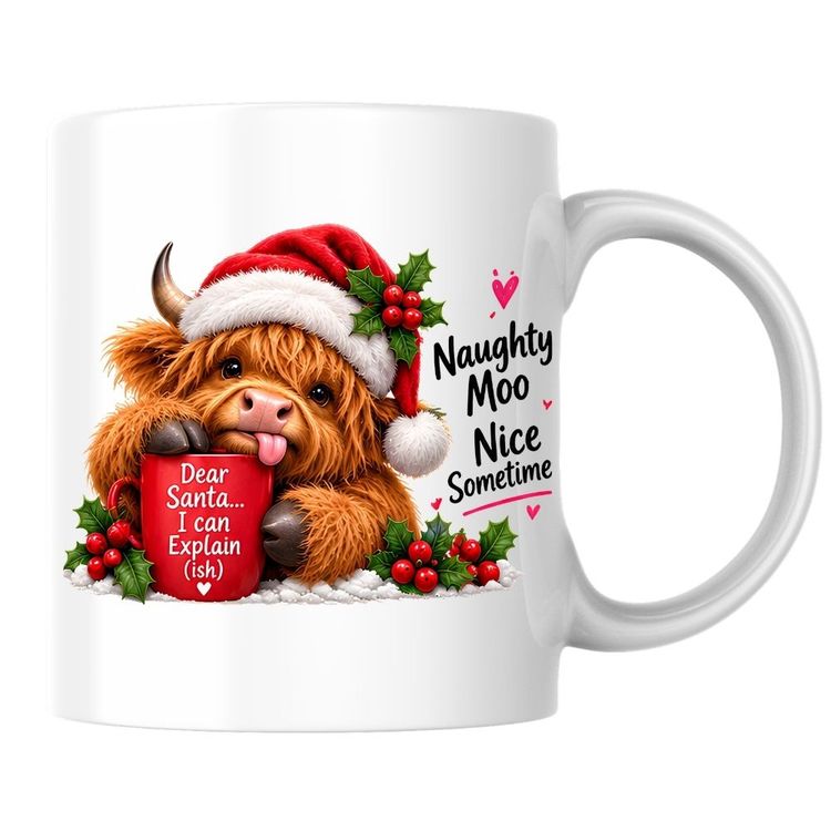 Other Festive Mug Naughty Moo Nice Sometimes Highland Cow 325ml Ceramic Coffee Mug – Christmas Holiday Tea Cup with Santa Hat, Holly & Dear Santa Mug Gift | Available in Multicolours | Fast Dispatch by UK Seller (M1282) product image