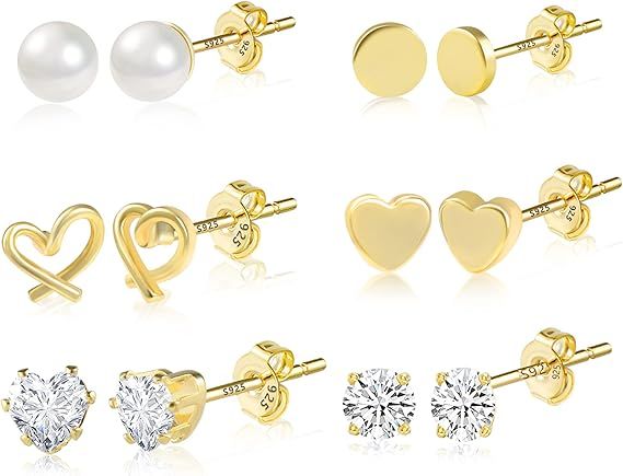 Set Set Of Gold Plated Stud Earrings With Pearl, Heart, And Crystal Designs product image