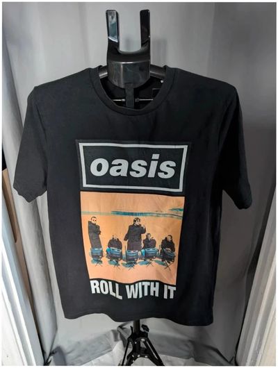 Official Oasis Roll With It Black Graphic Band T Shirt Medium UK 10 12 Organic Cotton