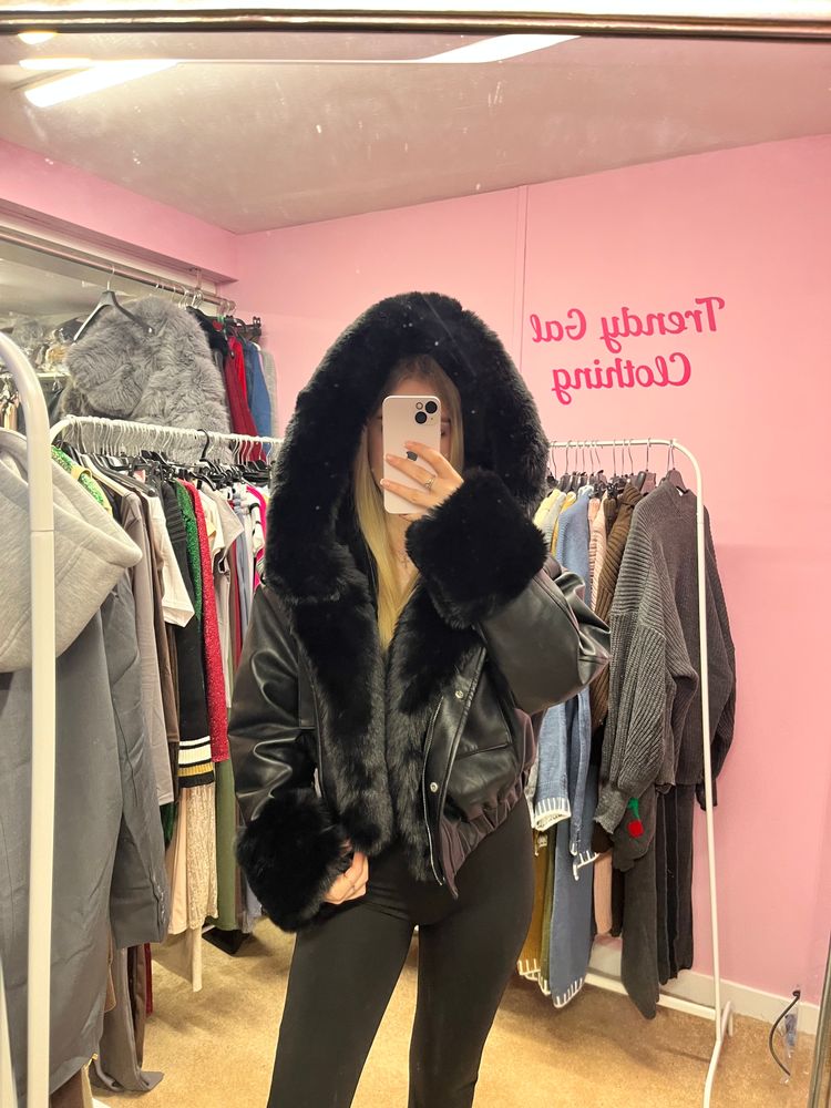 Faux leather fur lined hooded bomber jacket  3