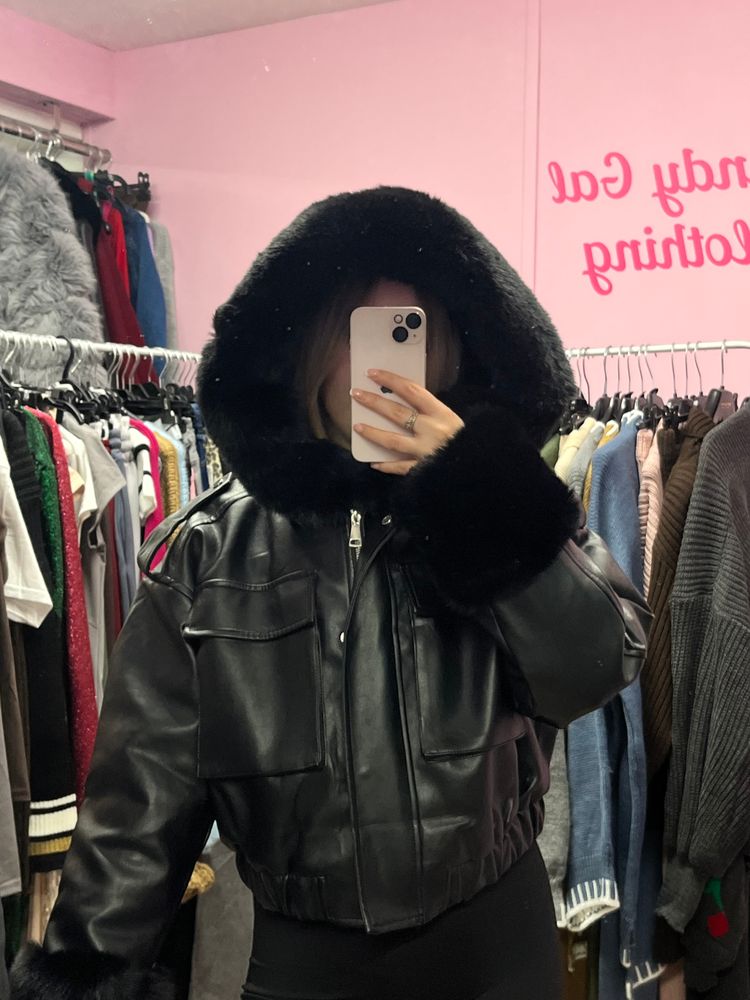Faux leather fur lined hooded bomber jacket  2