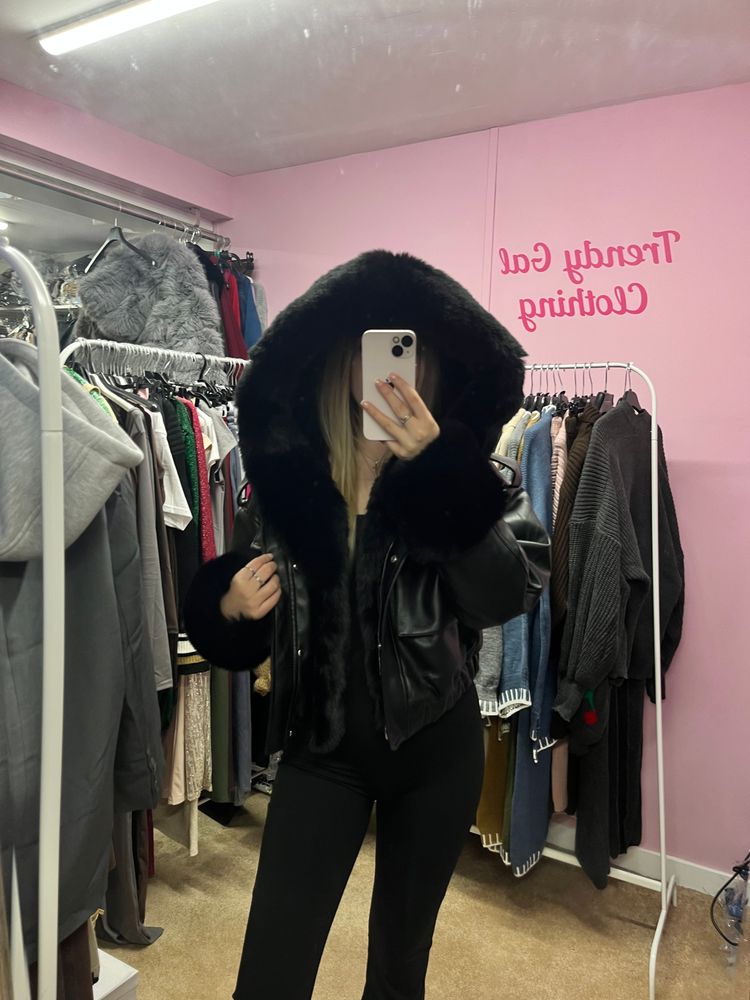 Faux leather fur lined hooded bomber jacket 