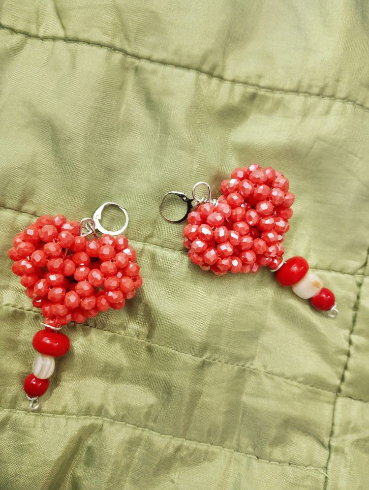 Red Beaded Heart Earrings