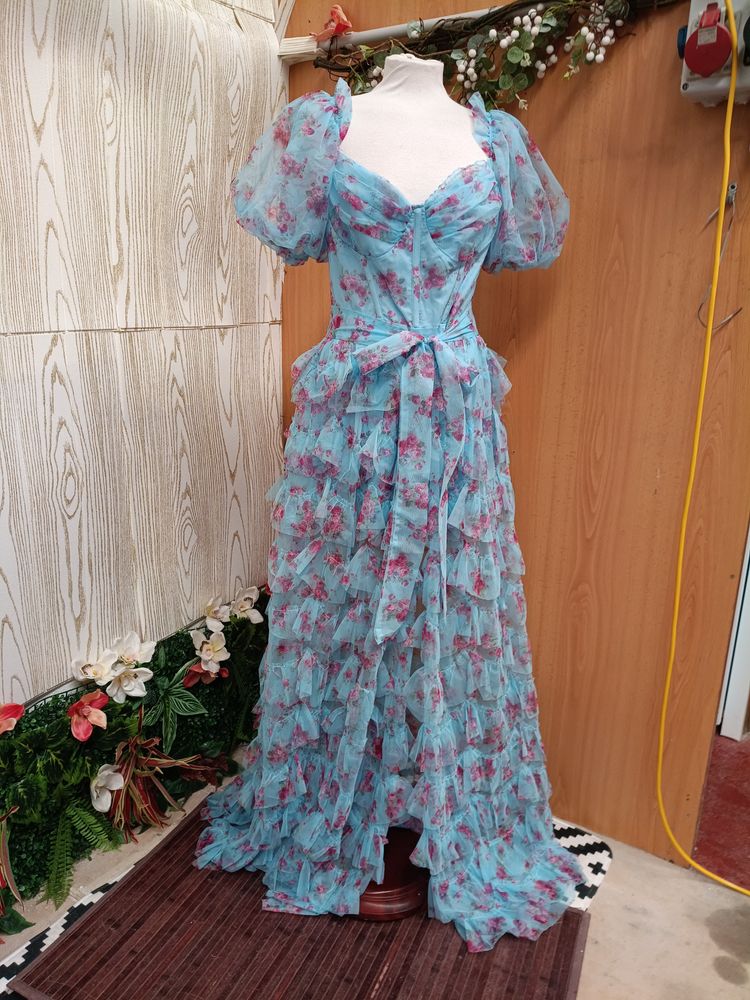 Blue Floral Puff Sleeve Dress image 6