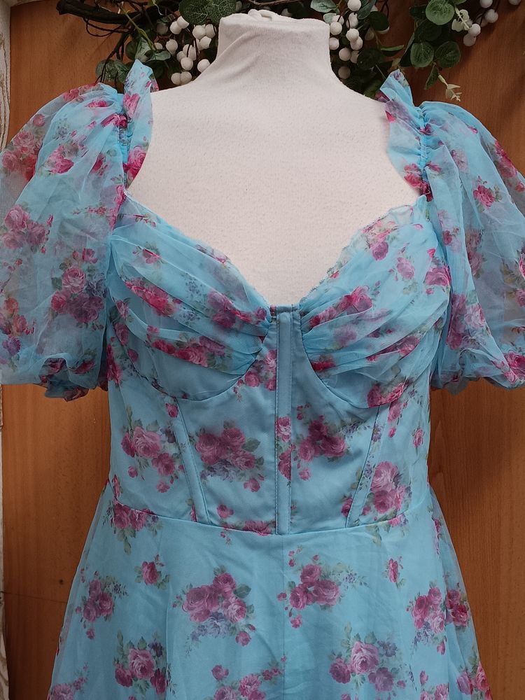 Blue Floral Puff Sleeve Dress image 5