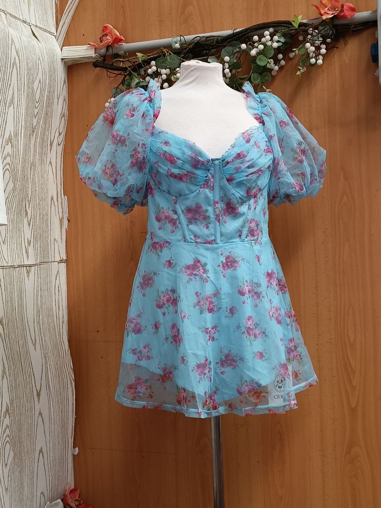 Poof Blue Floral Puff Sleeve Dress product image