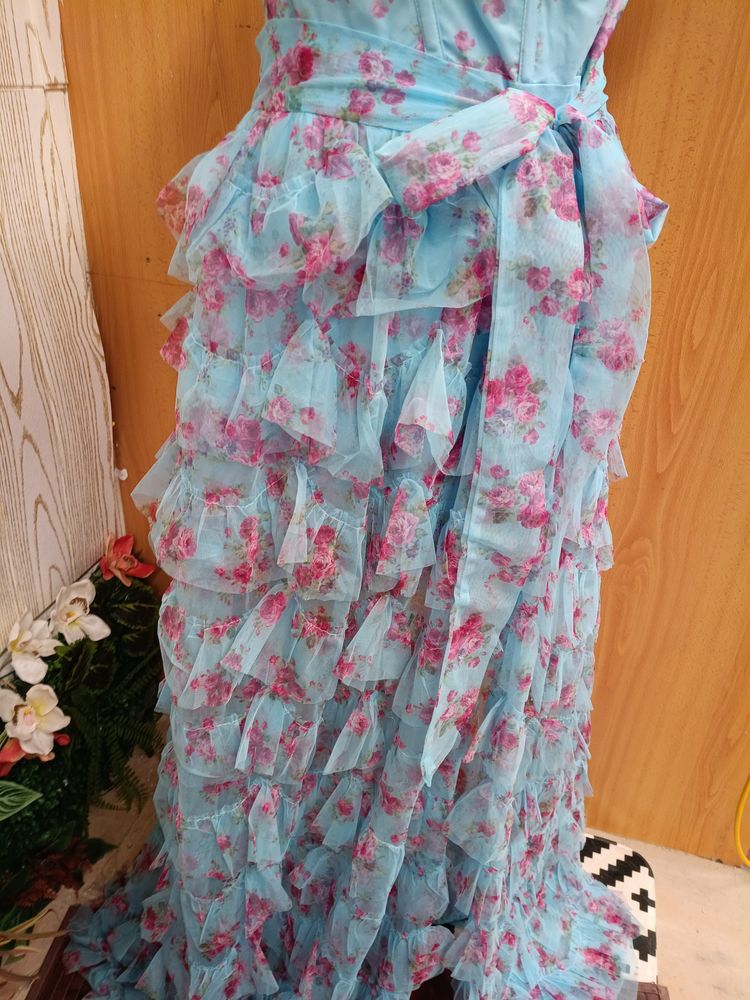 Blue Floral Puff Sleeve Dress image 3