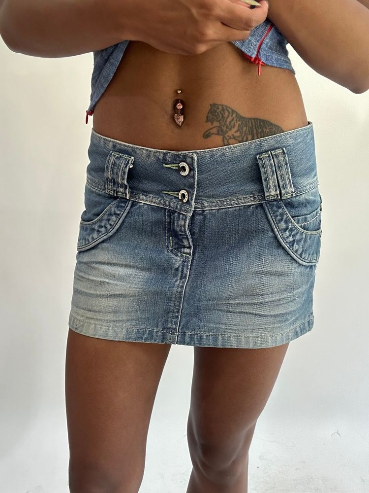 wag drop | small blue denim light wash mini skirt image 1
