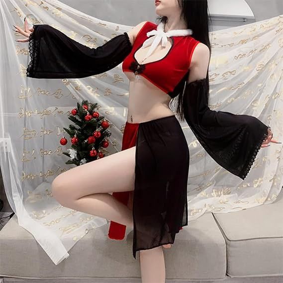 Red And Black Two-Piece Outfit With Sheer Sleeves And Skirt image 1