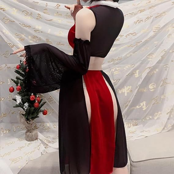 Immagine di Red And Black Two-Piece Outfit With Sheer Sleeves And Skirt 4
