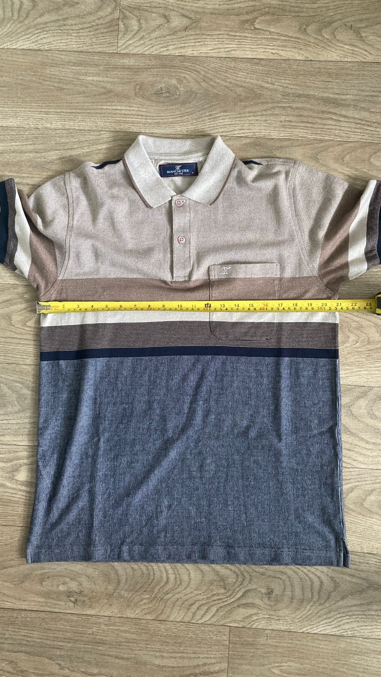 Manchester Polo Shirt Mens Medium M 100% Cotton Striped Brown Navy 8