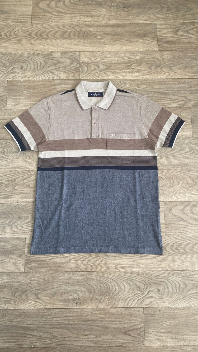 Manchester Polo Shirt Mens Medium M 100% Cotton Striped Brown Navy