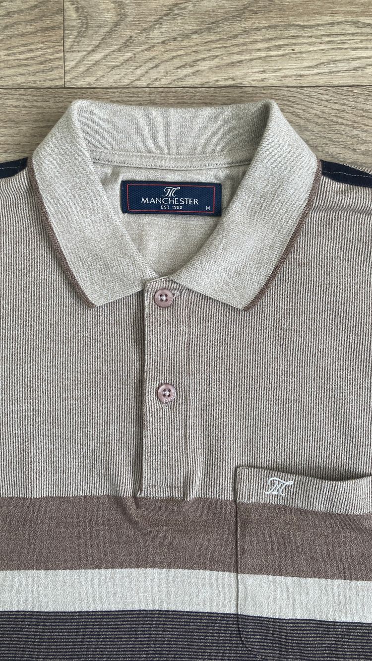 Manchester Polo Shirt Mens Medium M 100% Cotton Striped Brown Navy 3