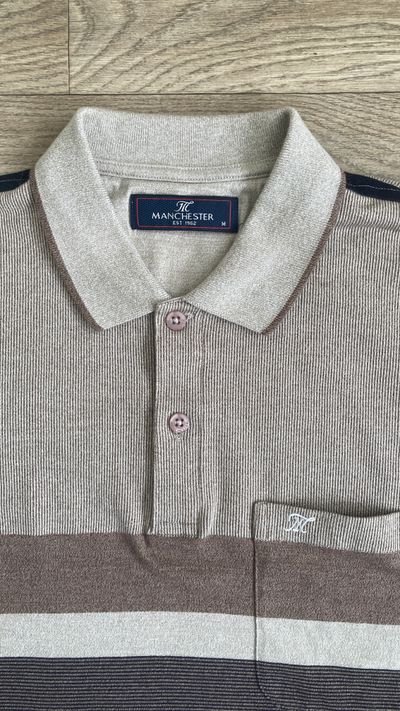 Manchester Polo Shirt Mens Medium M 100% Cotton Striped Brown Navy 3