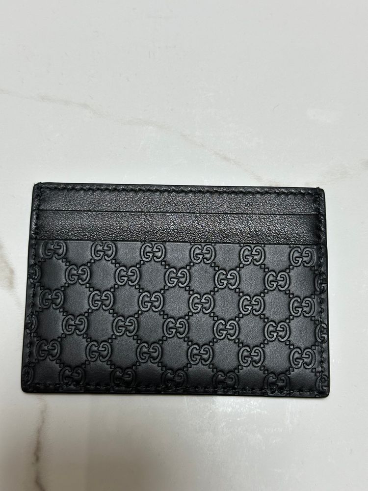 Gucci black leather card holder microguccissima