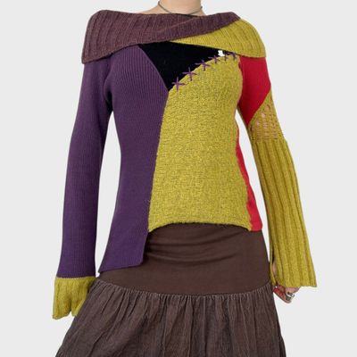 Save the Queen Block Colour Wide Neck Knit Jumper - M/L