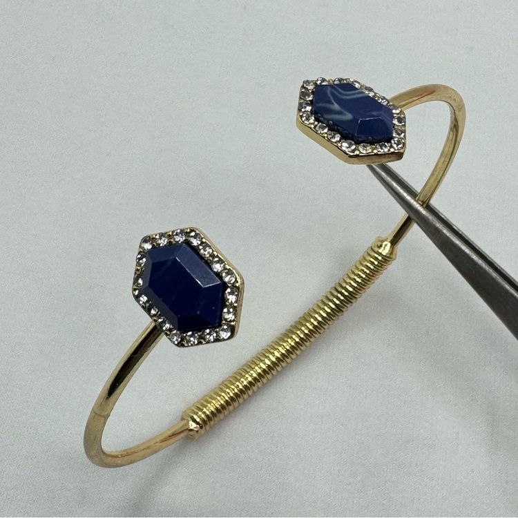 Gold-Tone Open Bangle Bracelet With Blue Gemstone And Rhinestones