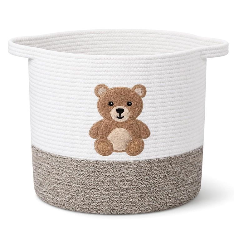 White And Beige Storage Basket With Teddy Bear Design imagen 1