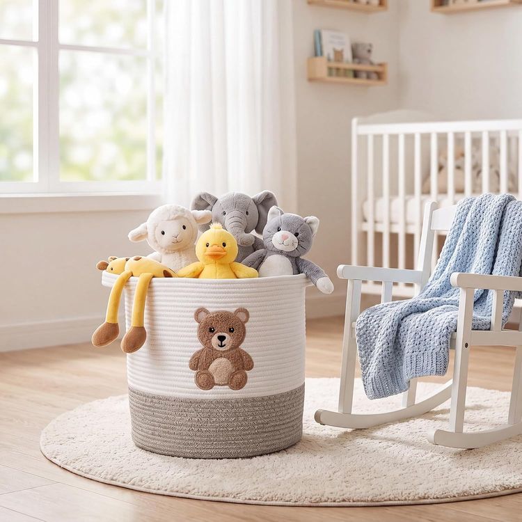 White And Beige Storage Basket With Teddy Bear Design imagen 3