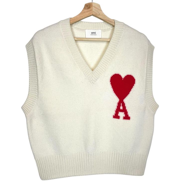 AMI Paris Ami De Coeur Cream and Red Wool Knit Sweater Vest obraz 1
