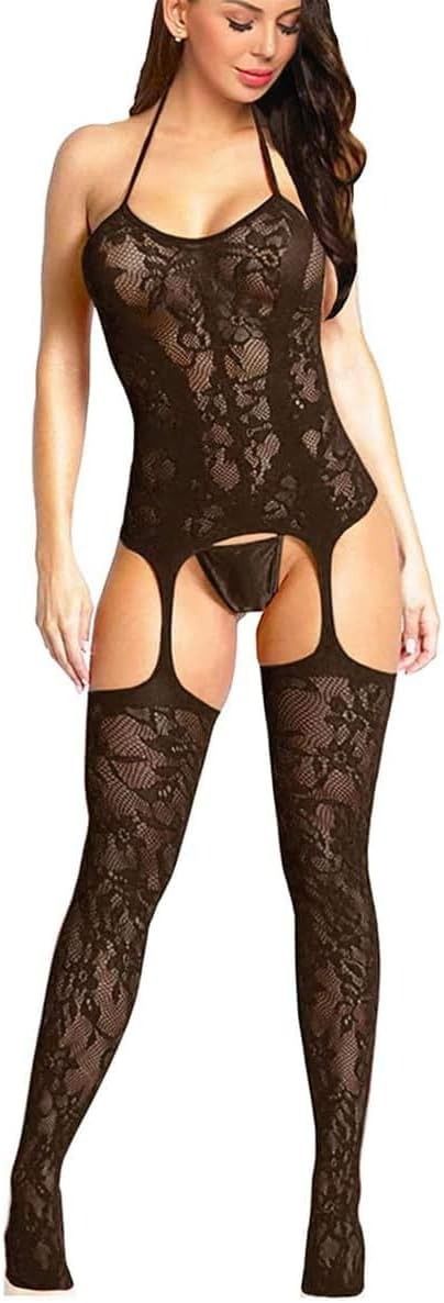 Black Lace Bodystocking With Garter And Stockings imagen 3