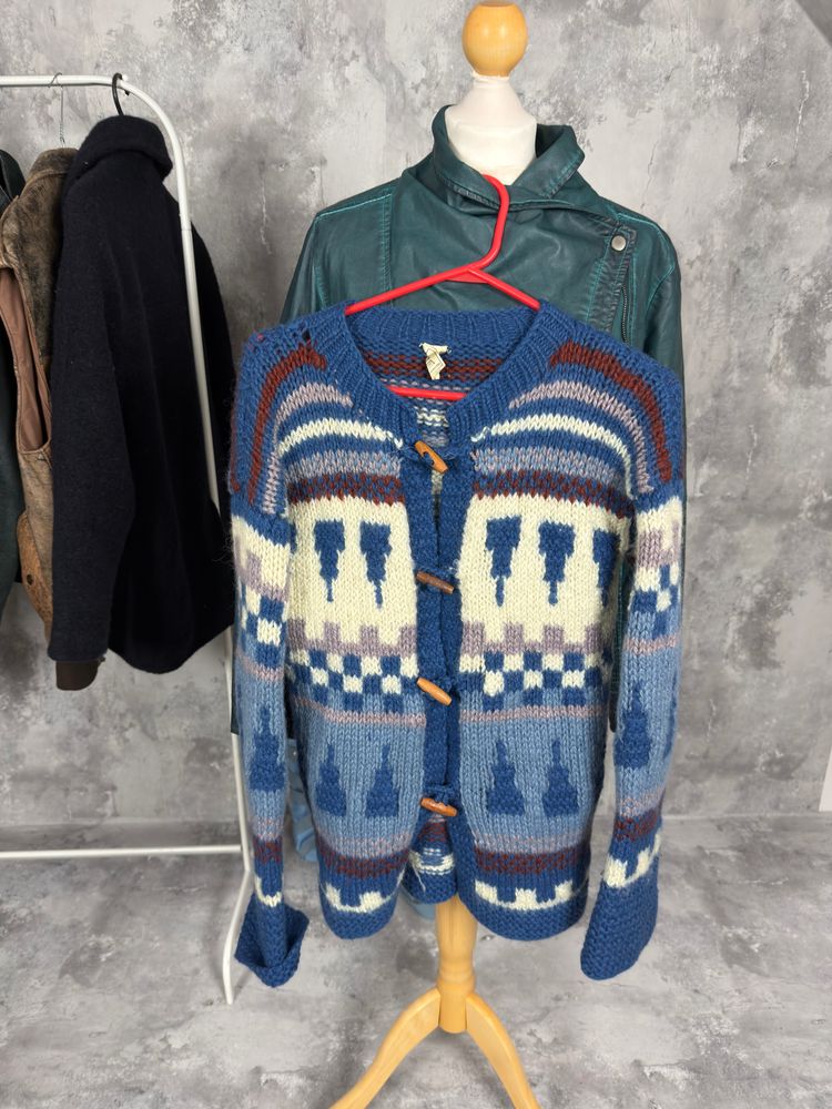 Wełniany Kardigan Blue Patterned Knitted Cardigan