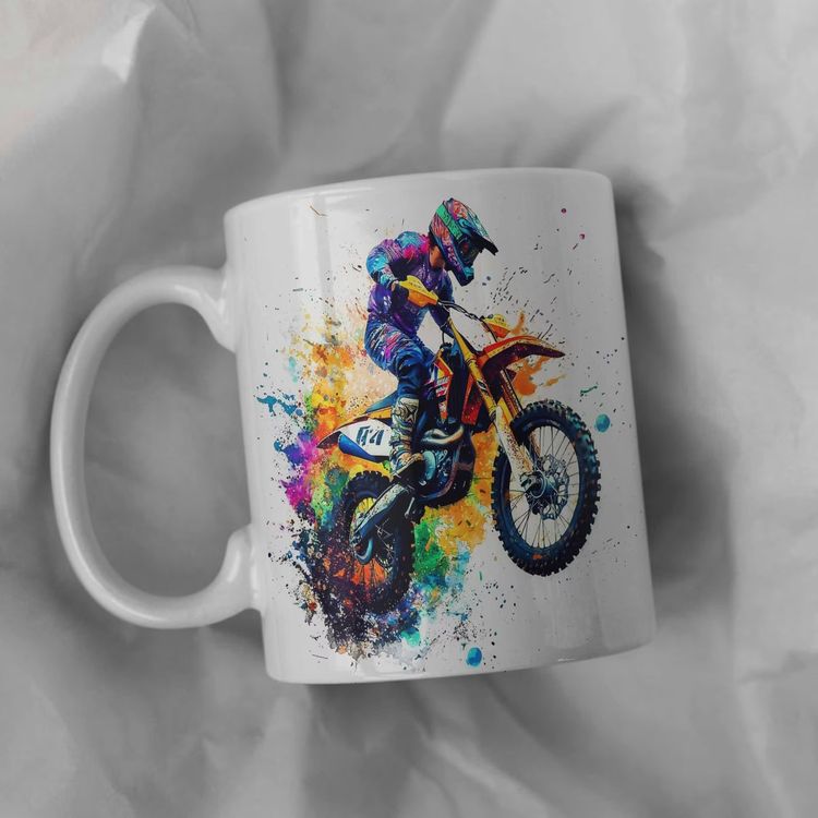 Dynamic Colorful Motocross Splash Art Ceramic Coffee Mug – Extreme Dirt Bike & Off-Road Rider Novelty Cup (M1094) image 1