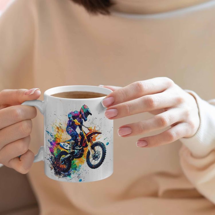 Dynamic Colorful Motocross Splash Art Ceramic Coffee Mug – Extreme Dirt Bike & Off-Road Rider Novelty Cup (M1094) image 8