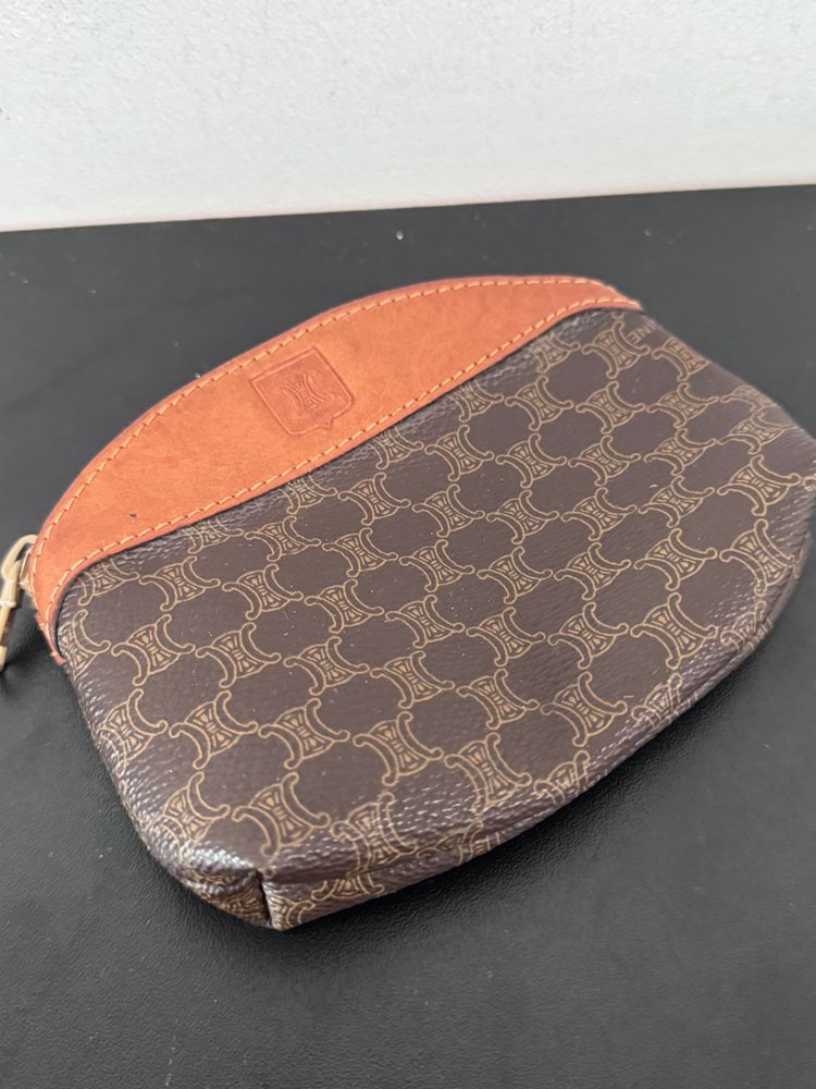 brown patterned pouch with leather trim 2