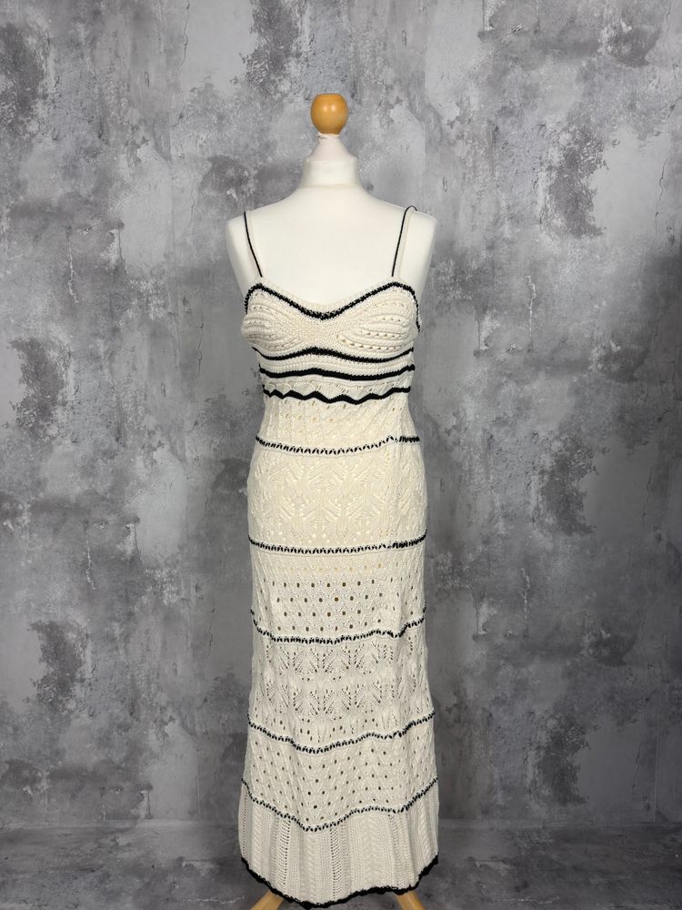 Zara White Knitted Maxi Dress With Black Trim
