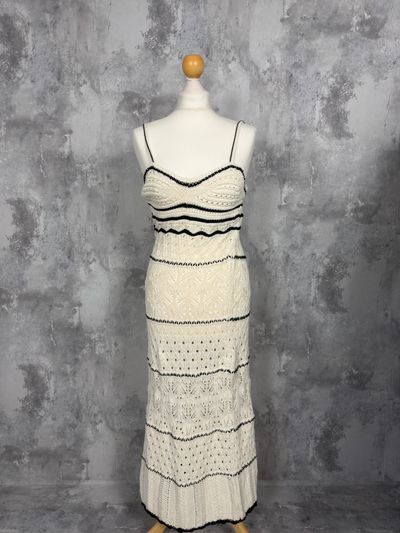 Zara White Knitted Maxi Dress With Black Trim