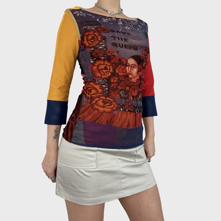 Save the Queen Graphic Face Print Mesh Top - S/M